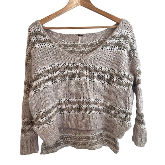 Free People Sweaters - Free People Linus Eyelash Sweater Cream Tan Striped Boho Pullover Size XS